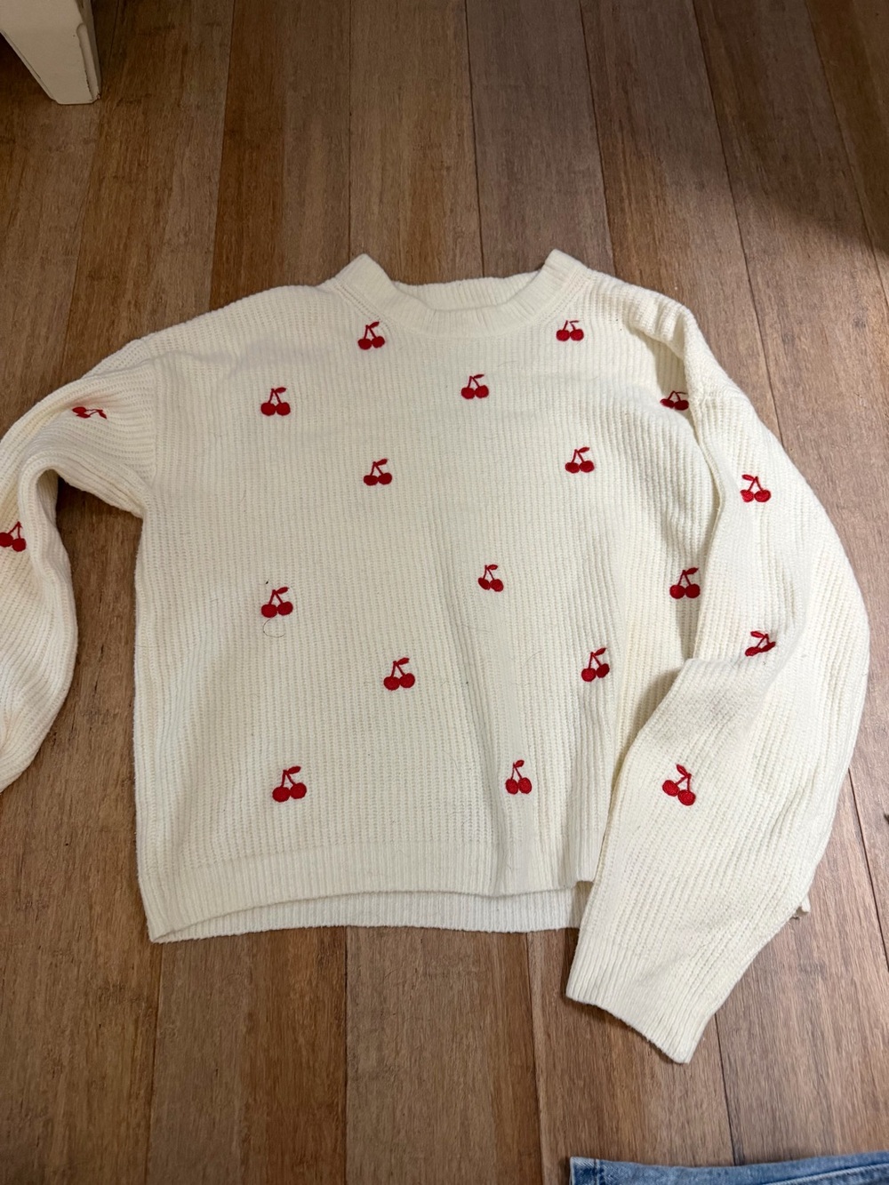 a new day Cream Crewneck Sweater with Red Cherry Motif